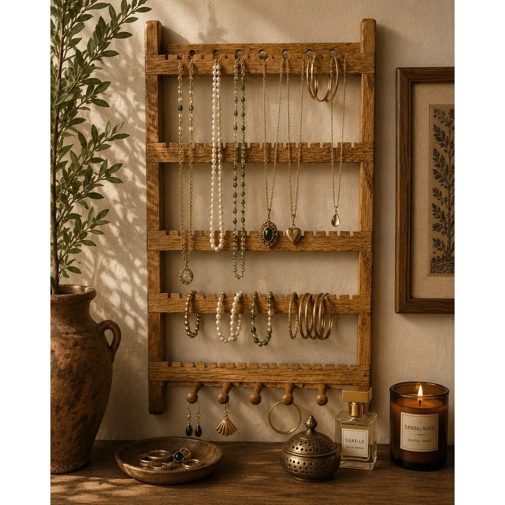 Vintage Oak Wood Wall Mount Jewelry Organizer Rack Earrings Holder